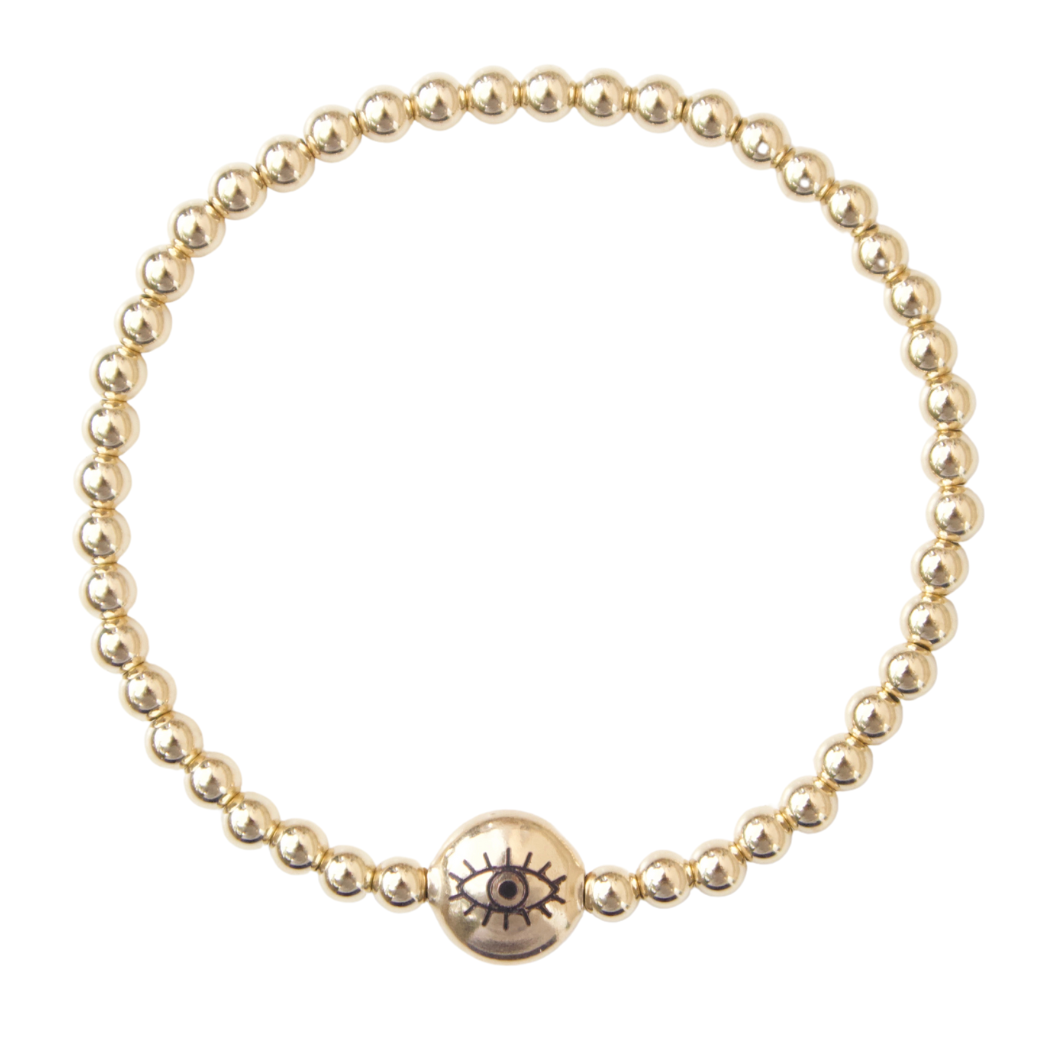 Evil Eye Charm — 4mm Gold Bead Bracelet